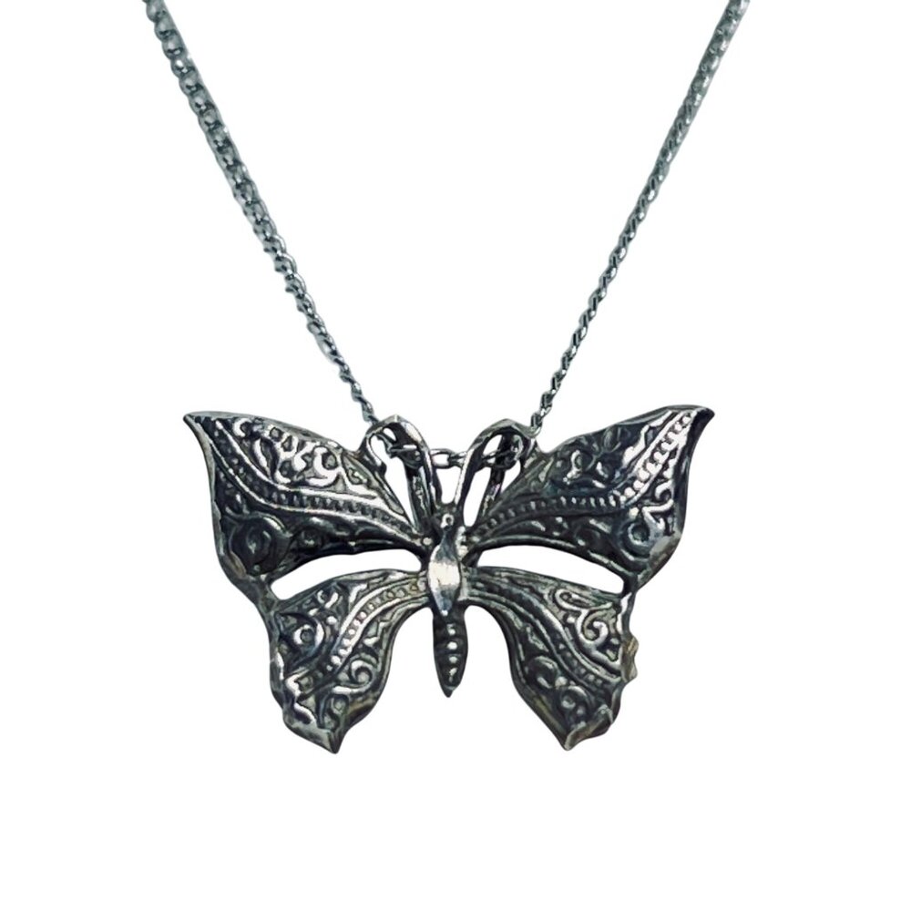 Sterling Silver Butterfly Pendant With Silver Tone Curb Chain Necklace (5886) - Picture 2 of 3